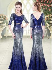 Suitable Half Sleeves Floor Length Belt Zipper Dress for Prom with Royal Blue