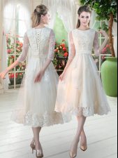 Captivating Champagne A-line Scoop 3 4 Length Sleeve Tulle Tea Length Lace Up Lace Prom Dresses