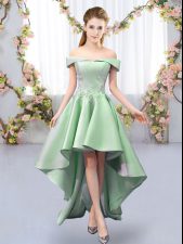 Artistic Green Satin Lace Up Off The Shoulder Sleeveless High Low Court Dresses for Sweet 16 Appliques