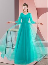 Charming Turquoise A-line V-neck Long Sleeves Tulle Floor Length Lace Up Beading Dress for Prom
