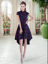 Customized High Low Purple Prom Evening Gown High-neck Short Sleeves Lace Up