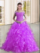 Top Selling Off The Shoulder Sleeveless Organza Vestidos de Quinceanera Beading and Lace and Ruffles Sweep Train Lace Up