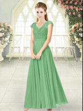 Popular Green Dress for Prom Prom and Party with Lace V-neck Cap Sleeves Zipper