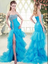  Beading and Ruffled Layers Prom Gown Aqua Blue Lace Up Sleeveless Brush Train