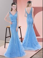 Comfortable Baby Blue Mermaid Tulle V-neck Sleeveless Beading and Sequins Backless Dress for Prom Sweep Train