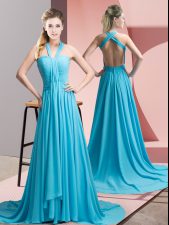  Aqua Blue Empire Halter Top Sleeveless Chiffon Sweep Train Backless Beading and Ruching Prom Gown