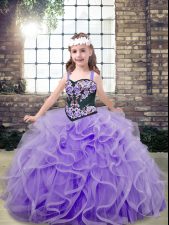 Lavender Tulle Lace Up Straps Sleeveless Floor Length Little Girl Pageant Dress Embroidery and Ruffles