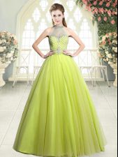 Custom Made Yellow Green Sleeveless Floor Length Beading Zipper Prom Party Dress