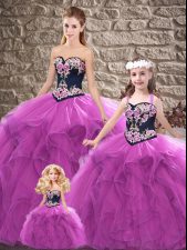 Excellent Purple Ball Gowns Tulle Sweetheart Sleeveless Beading and Embroidery Floor Length Lace Up Sweet 16 Dress