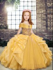 Unique Gold Off The Shoulder Neckline Beading and Ruffles Girls Pageant Dresses Sleeveless Lace Up