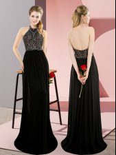 Sweet Black Prom Evening Gown High-neck Sleeveless Sweep Train Backless