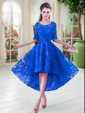  Half Sleeves High Low Zipper Prom Party Dress in Blue with Lace