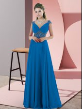  Sleeveless Satin Sweep Train Backless Dress for Prom in Blue with Beading
