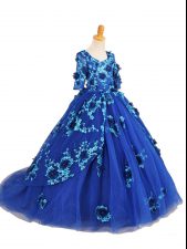 Superior Half Sleeves Brush Train Zipper Beading and Appliques Little Girl Pageant Dress