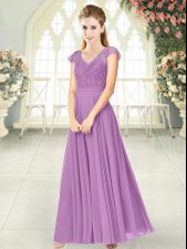  Lilac Homecoming Dress Prom and Party with Lace V-neck Cap Sleeves Zipper
