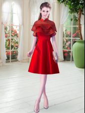 Red A-line High-neck Cap Sleeves Satin Knee Length Zipper Lace Prom Gown