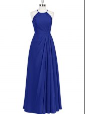Spectacular Royal Blue Column/Sheath Halter Top Sleeveless Chiffon Floor Length Zipper Ruching Prom Dresses