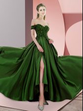  Elastic Woven Satin Off The Shoulder Sleeveless Sweep Train Backless Beading Evening Dress in Green