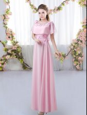 Elegant Floor Length Rose Pink Court Dresses for Sweet 16 Scoop Short Sleeves Zipper