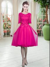 Elegant Fuchsia Half Sleeves Lace Knee Length Prom Dresses