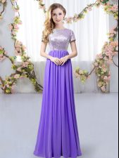 Top Selling Floor Length Lavender Damas Dress Chiffon Short Sleeves Sequins