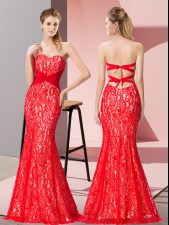  Red Sweetheart Backless Beading Prom Gown Sleeveless