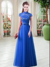 Luxurious Floor Length A-line Cap Sleeves Royal Blue Lace Up