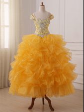 Modern Gold Off The Shoulder Lace Up Beading and Ruffled Layers Kids Formal Wear Sleeveless