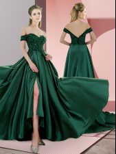  Green Sleeveless Satin Sweep Train Lace Up Prom Gown for Prom and Party