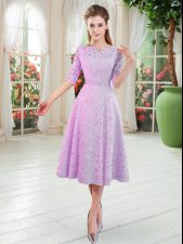 High Class Lilac Zipper Homecoming Dress Beading Half Sleeves Tea Length