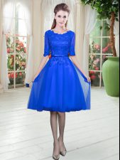 Deluxe Royal Blue Empire Lace Prom Dress Lace Up Tulle Half Sleeves Knee Length