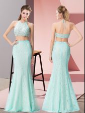 Excellent Apple Green Lace Backless Halter Top Sleeveless Floor Length Prom Evening Gown Beading