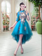 Flirting Teal Prom and Party with Appliques High-neck Half Sleeves Zipper
