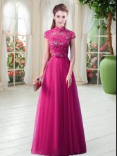 Sexy Floor Length Empire Short Sleeves Hot Pink Evening Dress Lace Up