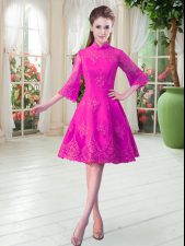 Glittering Knee Length Fuchsia Prom Dress 3 4 Length Sleeve Lace
