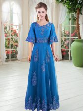 Exceptional Blue Scoop Lace Up Lace Prom Party Dress Half Sleeves