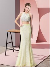  Light Yellow Sleeveless Lace Backless Prom Gown for Prom and Party and Military Ball