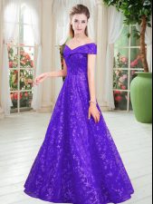 High Class Purple Lace Lace Up Off The Shoulder Sleeveless Floor Length Dress for Prom Beading
