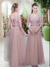  Lace Evening Dress Pink Lace Up Half Sleeves Floor Length