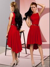 High Quality Red Scoop Lace Up Belt Prom Dress Sleeveless