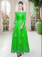  Green A-line Off The Shoulder 3 4 Length Sleeve Tulle Floor Length Lace Up Lace Evening Dress