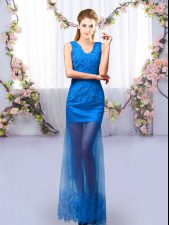 Custom Designed Royal Blue Sleeveless Tulle Lace Up Damas Dress for Prom and Party and Wedding Party