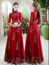 Dazzling Wine Red Empire High-neck 3 4 Length Sleeve Tulle Floor Length Zipper Lace 