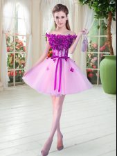  A-line Homecoming Dress Lilac Off The Shoulder Tulle Sleeveless Mini Length Lace Up