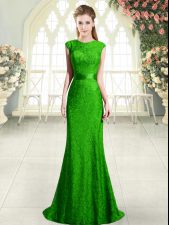  Green Cap Sleeves Beading and Lace Backless Prom Party Dress