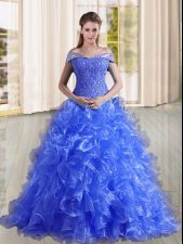 Fitting Organza Off The Shoulder Sleeveless Sweep Train Lace Up Beading and Lace and Ruffles Quinceanera Dresses in Blue