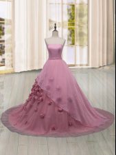 Beautiful Sleeveless Tulle Brush Train Lace Up 15 Quinceanera Dress in Pink with Hand Made Flower