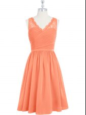  Chiffon V-neck Sleeveless Side Zipper Lace Prom Gown in Orange