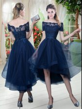 On Sale Tulle Off The Shoulder Short Sleeves Lace Up Lace Prom Evening Gown in Navy Blue