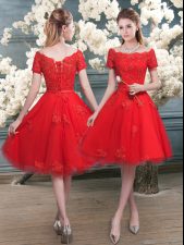  Lace Prom Gown Red Lace Up Short Sleeves Knee Length